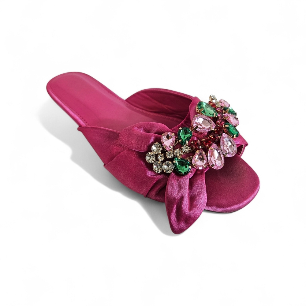 Pink Rhinestone Bow Slide Sandals Women 38 Satin Flat Slip On Y2K Glam